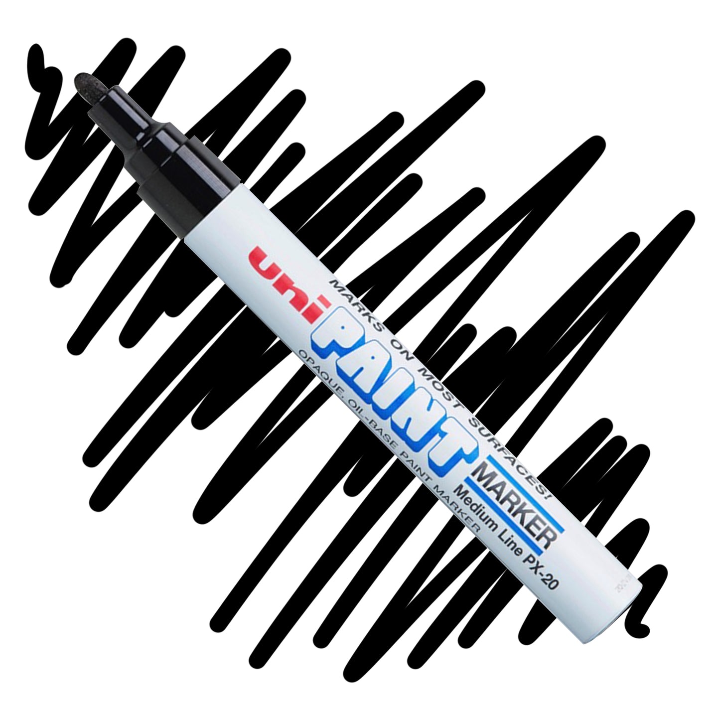 A white marker angled diagonally, the tip of the marker and the nib are colored black. On the marker body the label reads "Uni PAINT Maker". Behind the marker is a color swatch of a squiggly line in black.