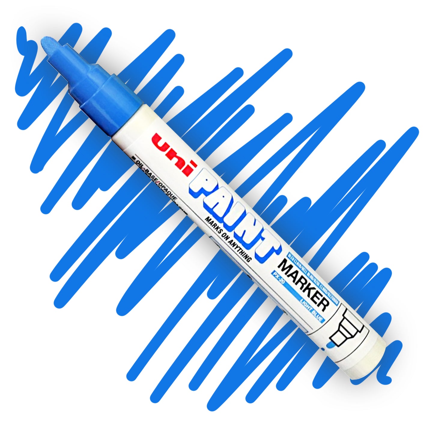 A white marker angled diagonally, the tip of the marker and the nib are colored blue. On the marker body the label reads "Uni PAINT Maker". Behind the marker is a color swatch of a squiggly line in blue.