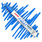 A white marker angled diagonally, the tip of the marker and the nib are colored blue. On the marker body the label reads "Uni PAINT Maker". Behind the marker is a color swatch of a squiggly line in blue.