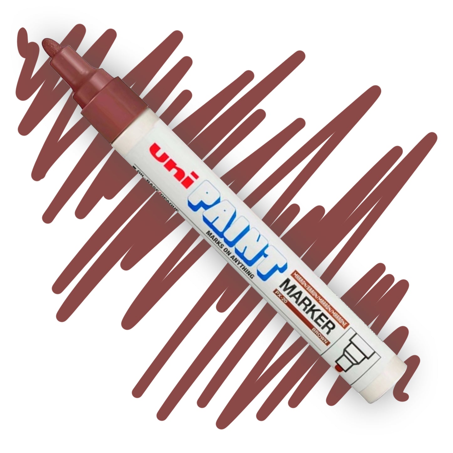 A white marker angled diagonally, the tip of the marker and the nib are colored brown. On the marker body the label reads "Uni PAINT Maker". Behind the marker is a color swatch of a squiggly line in brown.