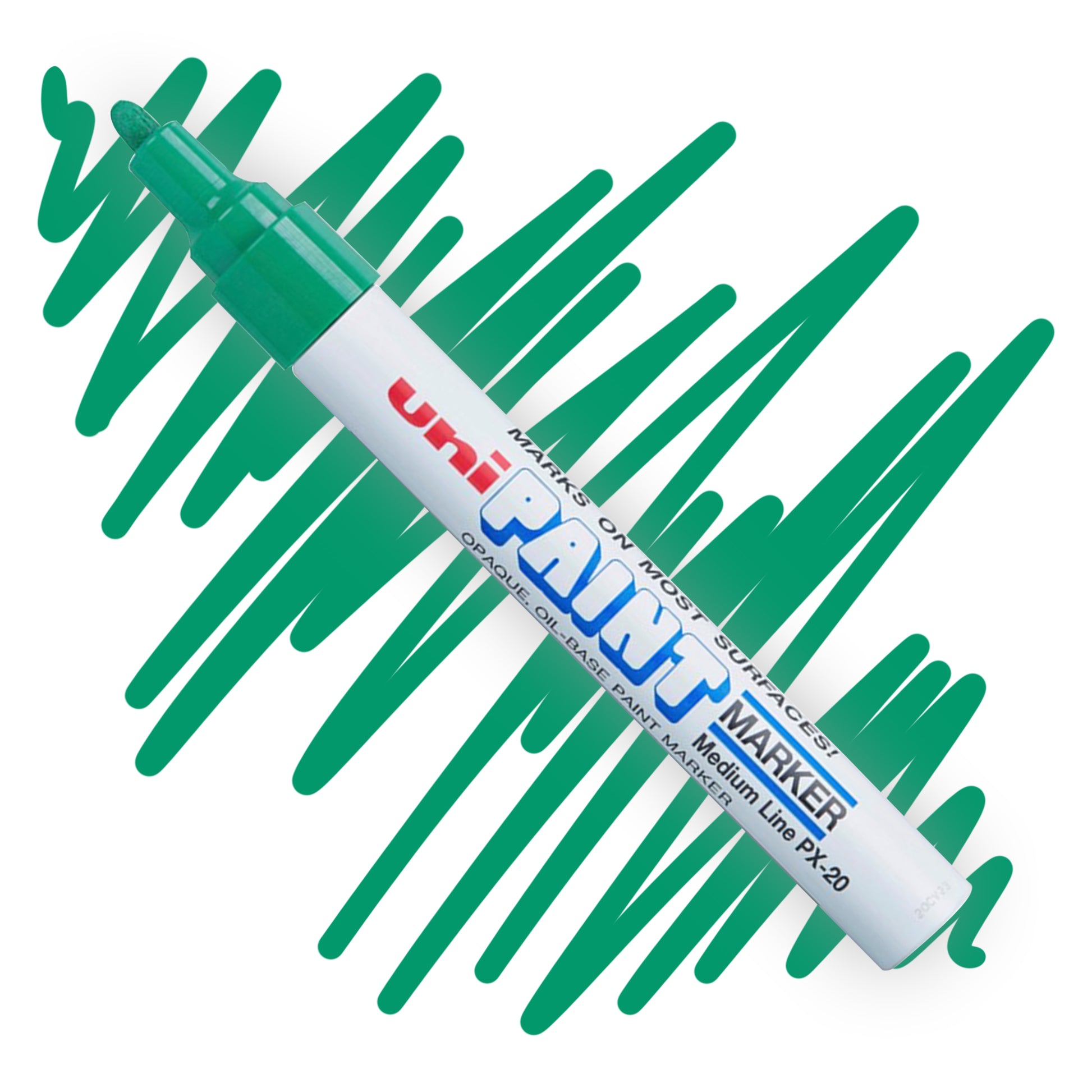 A white marker angled diagonally, the tip of the marker and the nib are colored green. On the marker body the label reads "Uni PAINT Maker". Behind the marker is a color swatch of a squiggly line in green..