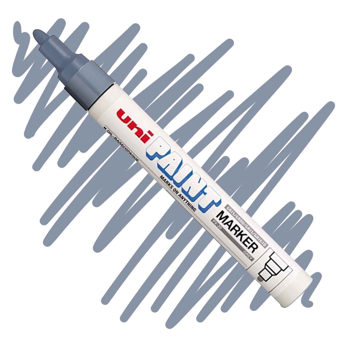 A white marker angled diagonally, the tip of the marker and the nib are colored grey. On the marker body the label reads "Uni PAINT Maker". Behind the marker is a color swatch of a squiggly line in grey..