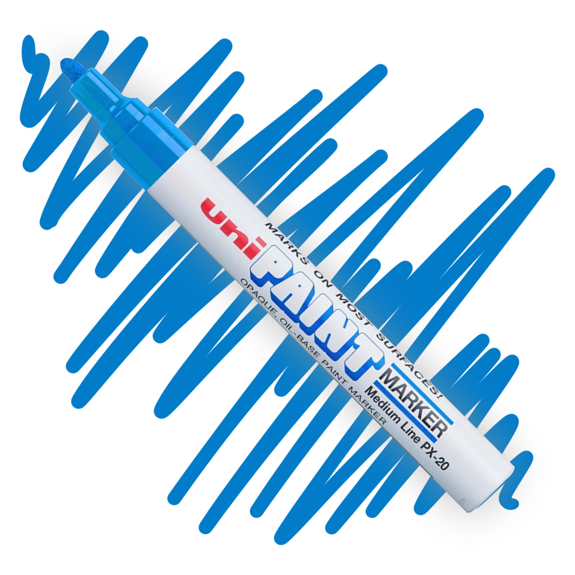 A white marker angled diagonally, the tip of the marker and the nib are colored light blue. On the marker body the label reads "Uni PAINT Maker". Behind the marker is a color swatch of a squiggly line in light blue..