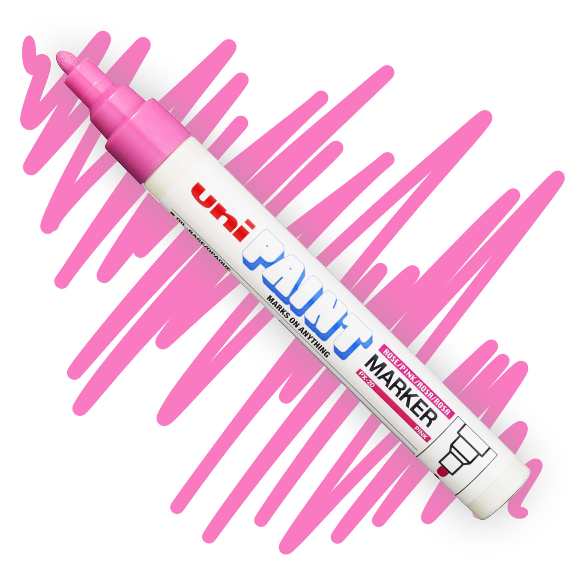 A white marker angled diagonally, the tip of the marker and the nib are colored pink. On the marker body the label reads "Uni PAINT Maker". Behind the marker is a color swatch of a squiggly line in pink..