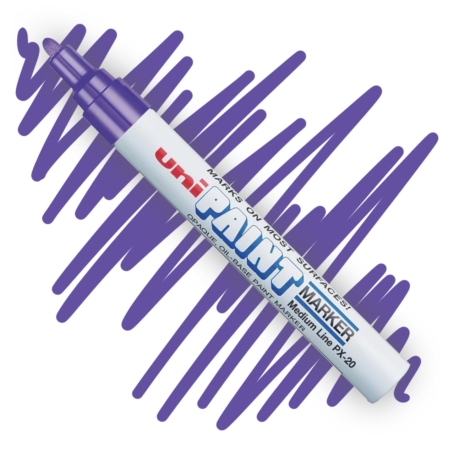 A white marker angled diagonally, the tip of the marker and the nib are colored violet. On the marker body the label reads "Uni PAINT Maker". Behind the marker is a color swatch of a squiggly line in violet.