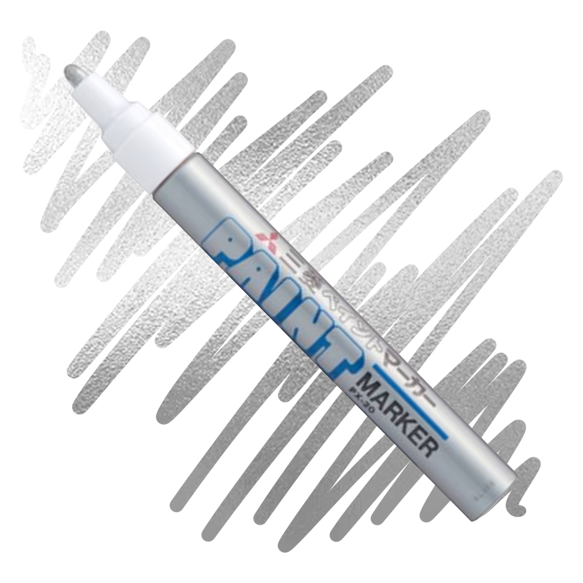 A white marker angled diagonally, the tip of the marker and the nib are colored silver. On the marker body the label reads "Uni PAINT Maker". Behind the marker is a color swatch of a squiggly line in silver.