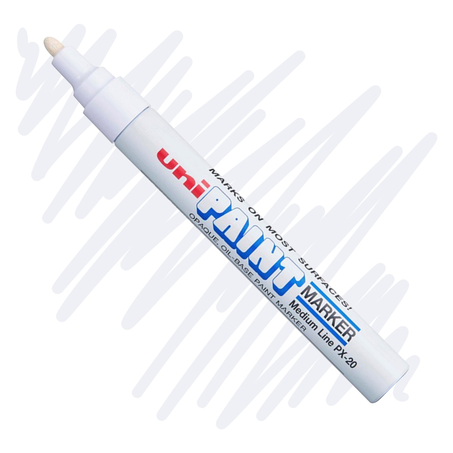 A white marker angled diagonally, the tip of the marker and the nib are colored white. On the marker body the label reads "Uni PAINT Maker". Behind the marker is a color swatch of a squiggly line in white.