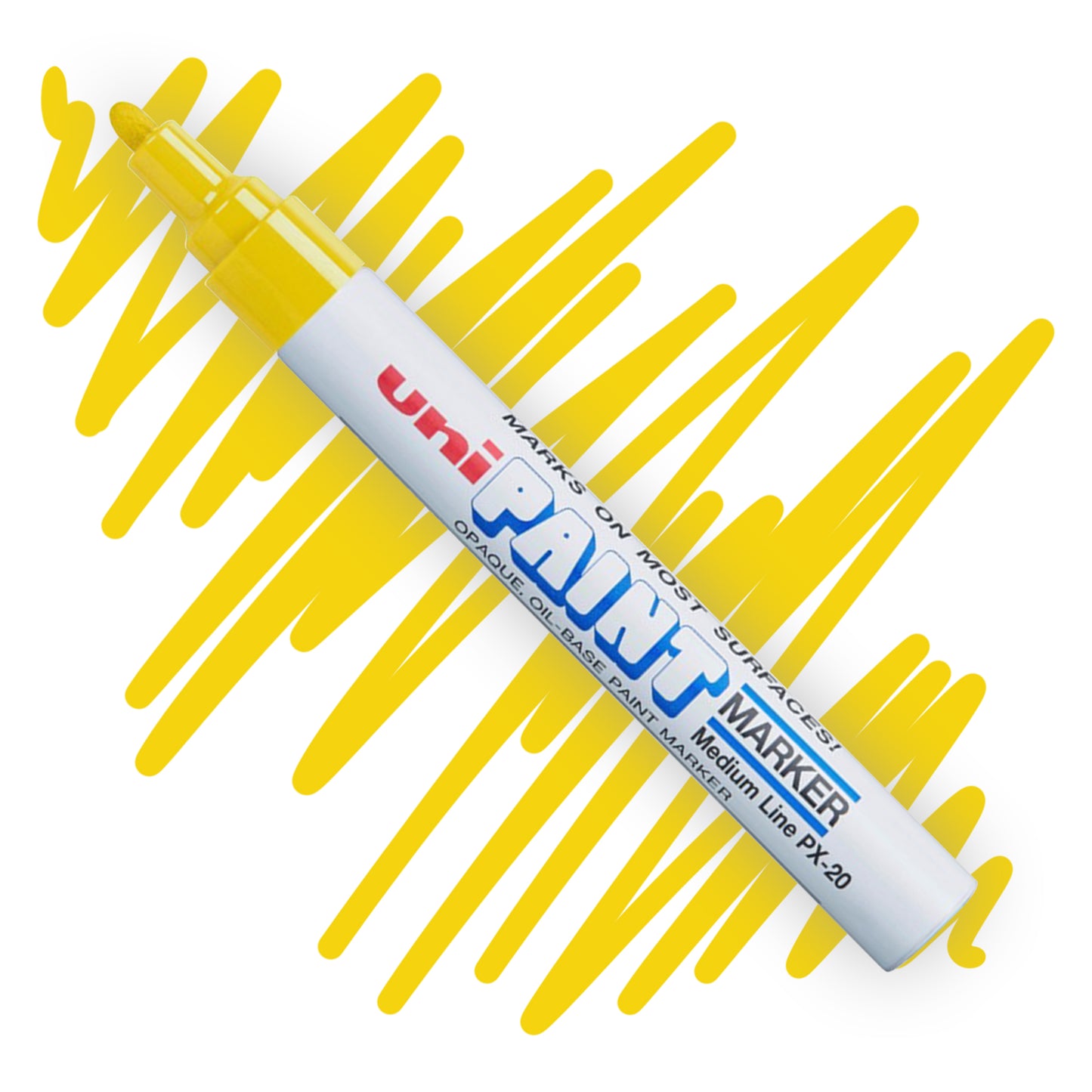 A white marker angled diagonally, the tip of the marker and the nib are colored yellow. On the marker body the label reads "Uni PAINT Maker". Behind the marker is a color swatch of a squiggly line in yellow..