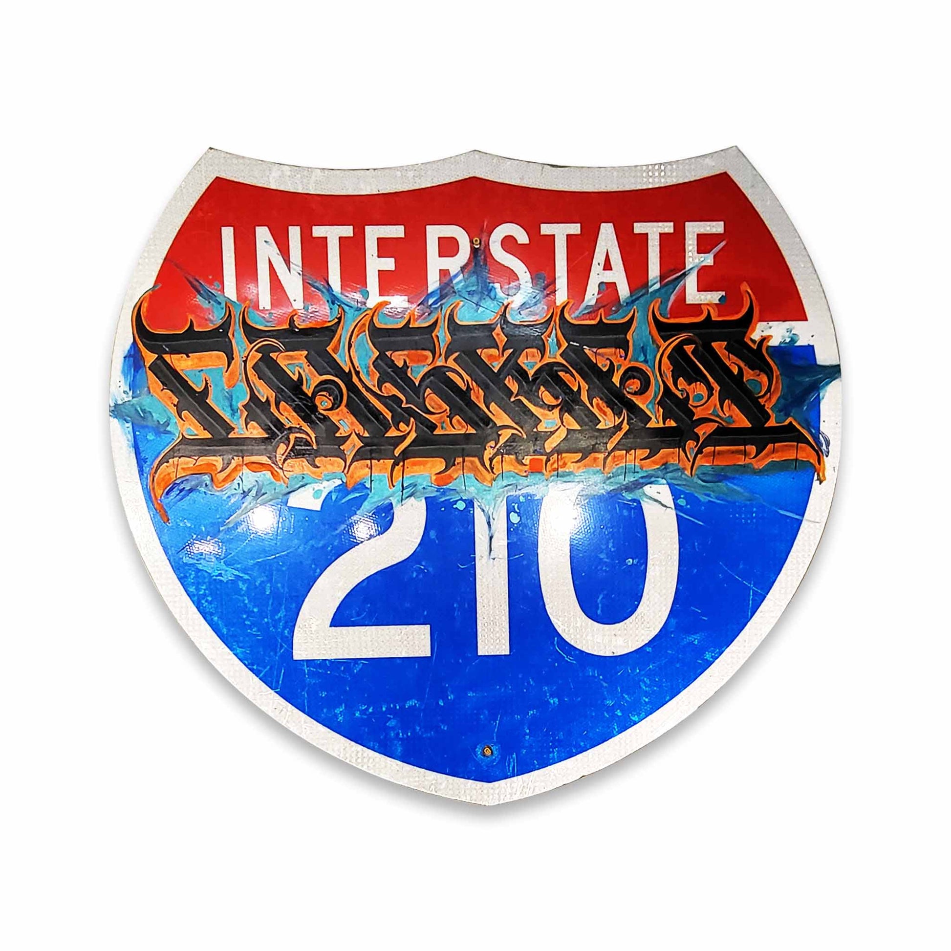 Decorative sign resembling an interstate highway sign with 'Interstate 210' text and stylized lettering.
