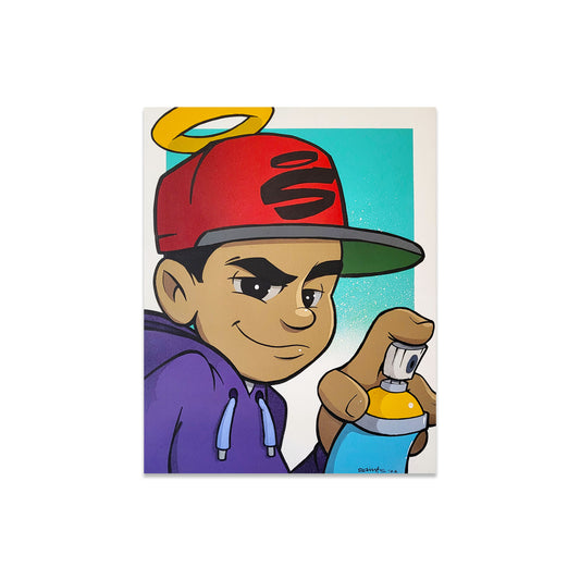 Graffiti cartoon character holding a painted on canvas.spray paint can, earing a red hat with an 'S' symbol and a yellow halo.