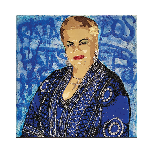 Mixed media portrait of Paquita La del Barrio in front of a graffiti background.