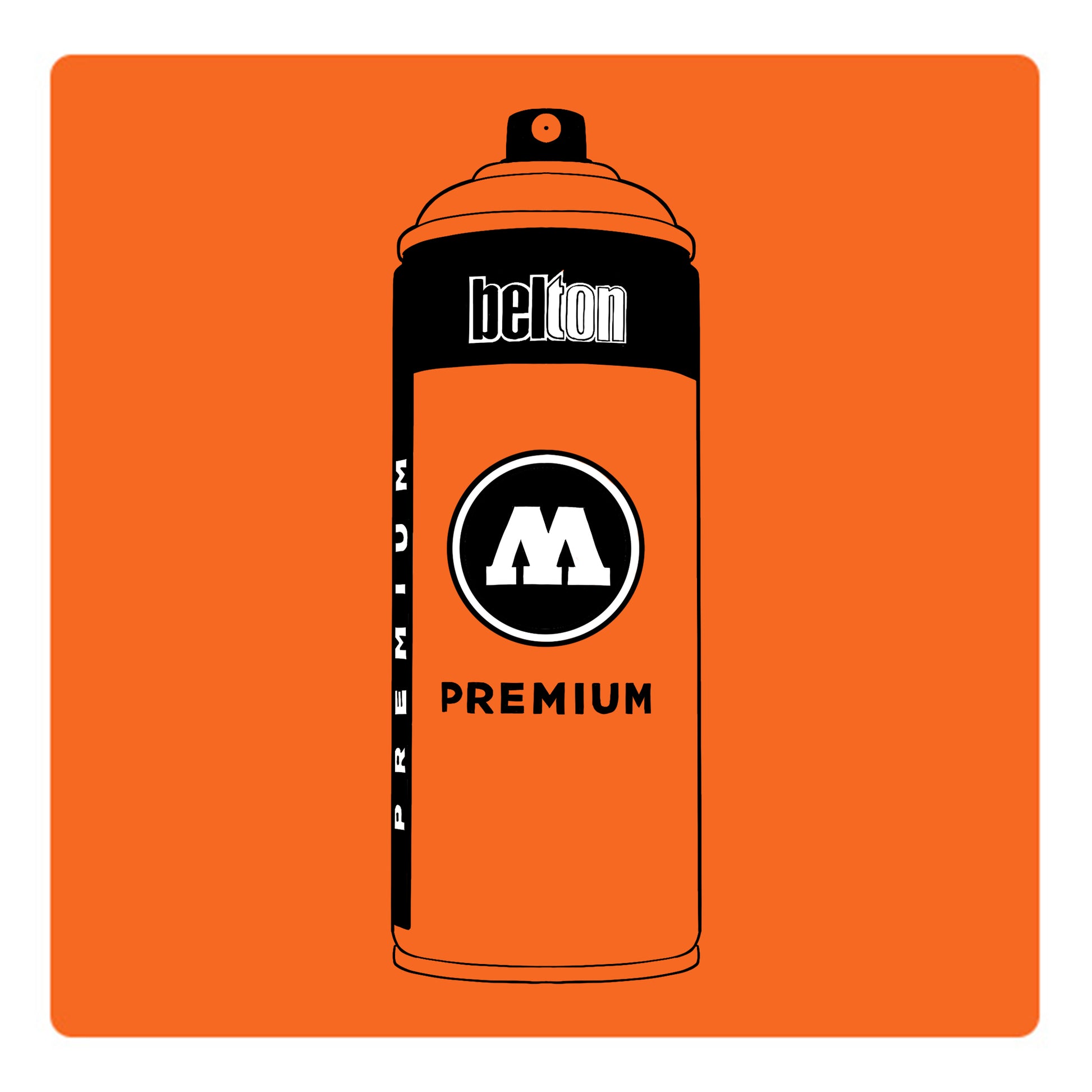 A black outline drawing of a tiger orange spray paint can with the words "belton","premium" and the letter"M" written on the face in black and white font. The background is a color swatch of the same tiger orange with a white border.
