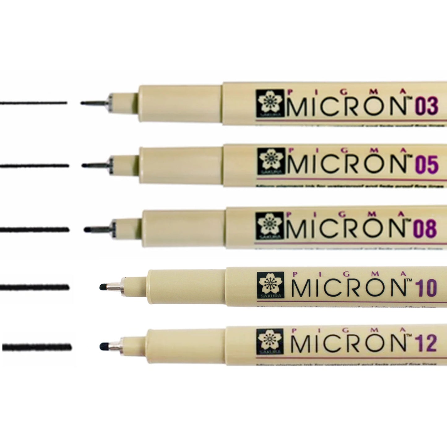 Set of Pigma Micron pens with different tip sizes on a white background.
