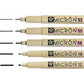 Set of Pigma Micron pens with different tip sizes on a white background.