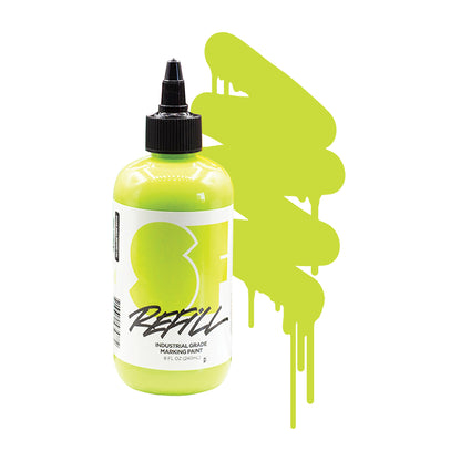 Bottle of bright green SF marking paint with a color swatch on a white background.