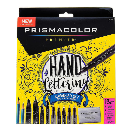 A yellow and black boxed marker set that read "Prismacolor - Hand Lettering". Displays photos of variety of sized markers.