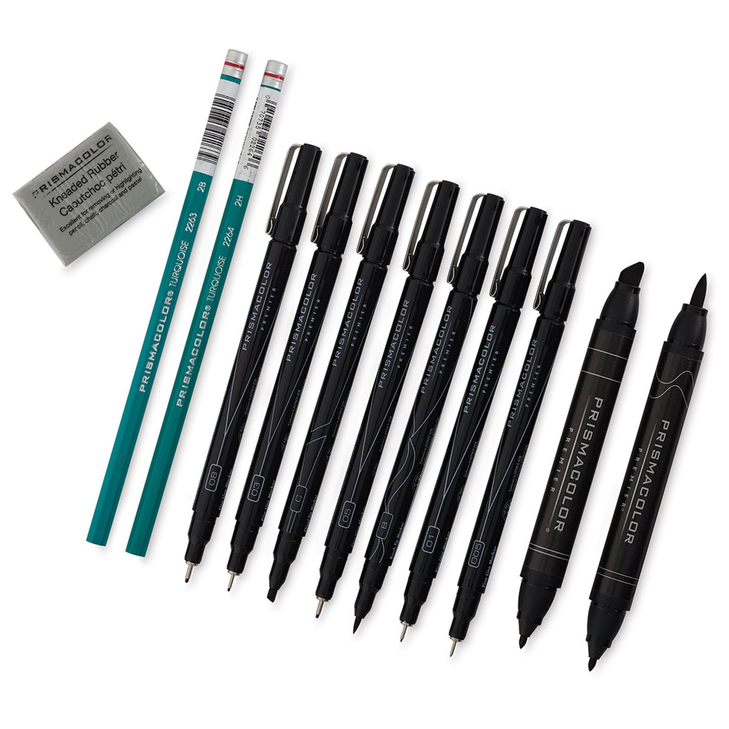 A line up of 9 black markers in different sizes, two teal pencils and one grey eraser.