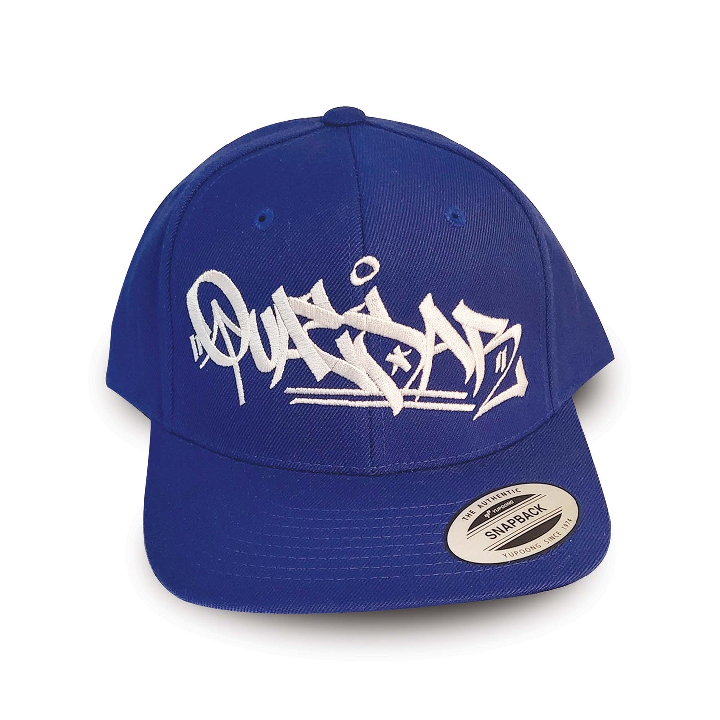 Blue baseball hat with white embroidery of graffiti style writing.