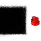 A red spray paint cap with a black instert next to a size swatch.