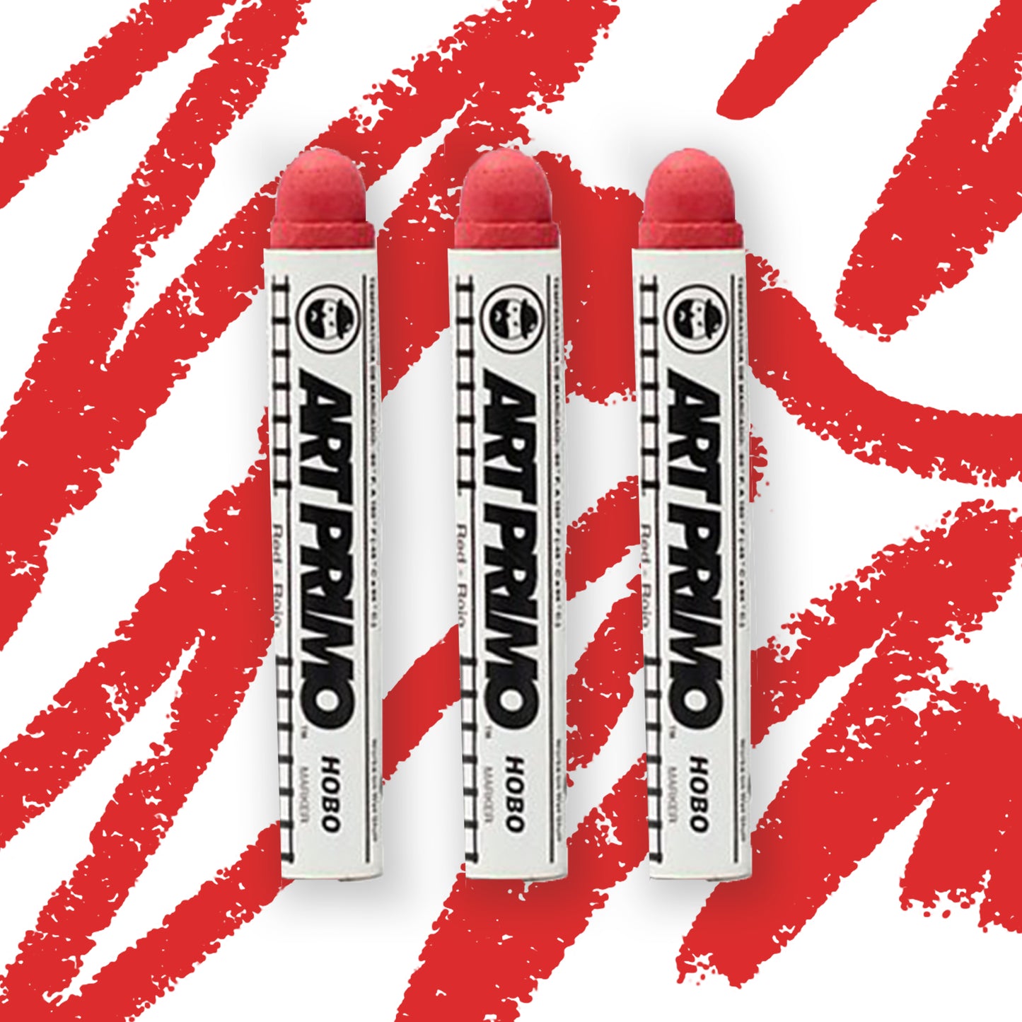Three red crayon type markers with a white label reading "Art Primo"