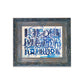 Worn blue antique frame with blue calligraphy designs on canvas