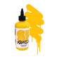 A clear bottle of yellow paint/ink with a tapered lid and a color swatch to the right of it.