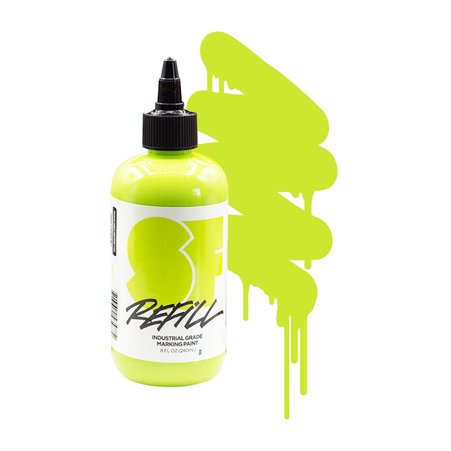 A clear bottle of neon green paint/ink with a tapered lid and a color swatch to the right of it.