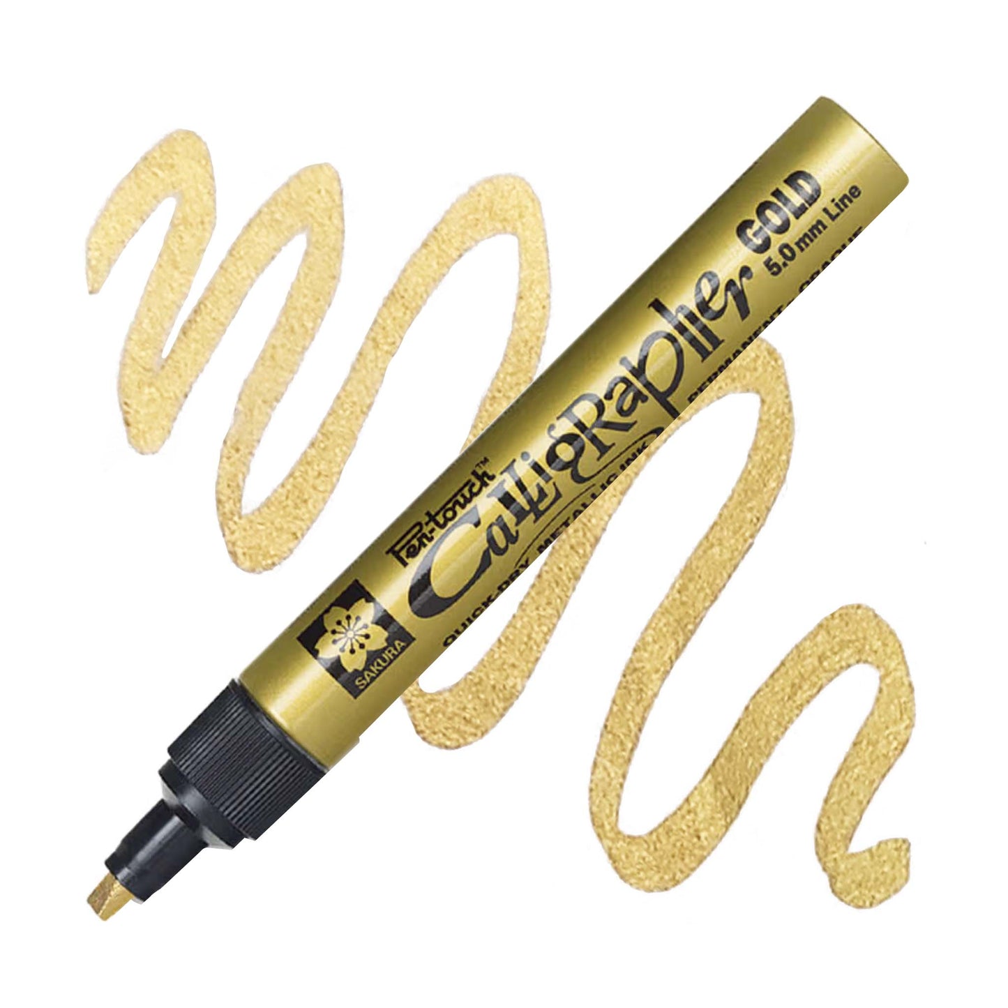 Gold Calligrapher Pen-Touch marker with sample strokes.