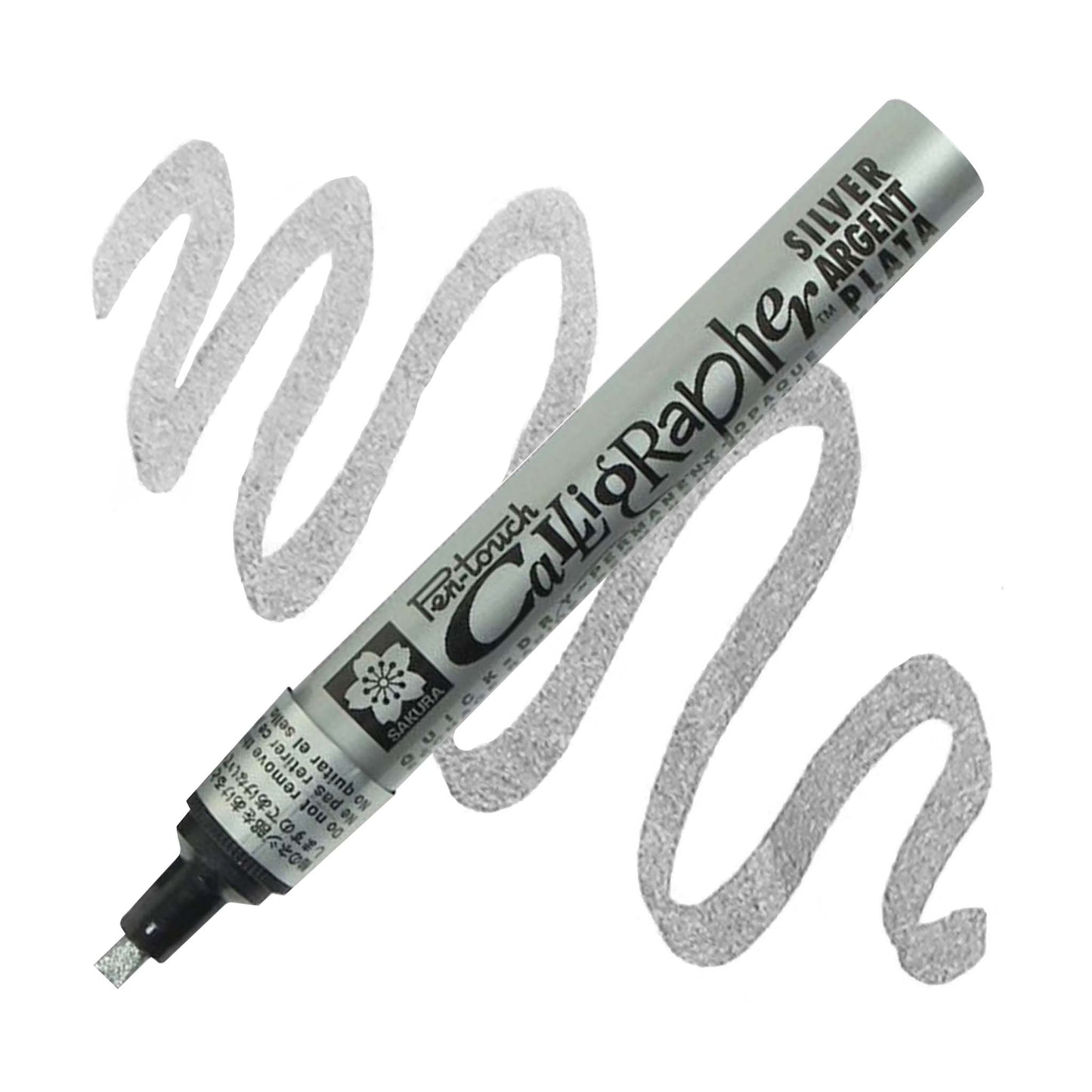 Silver Calligrapher Pen-Touch marker with sample strokes.