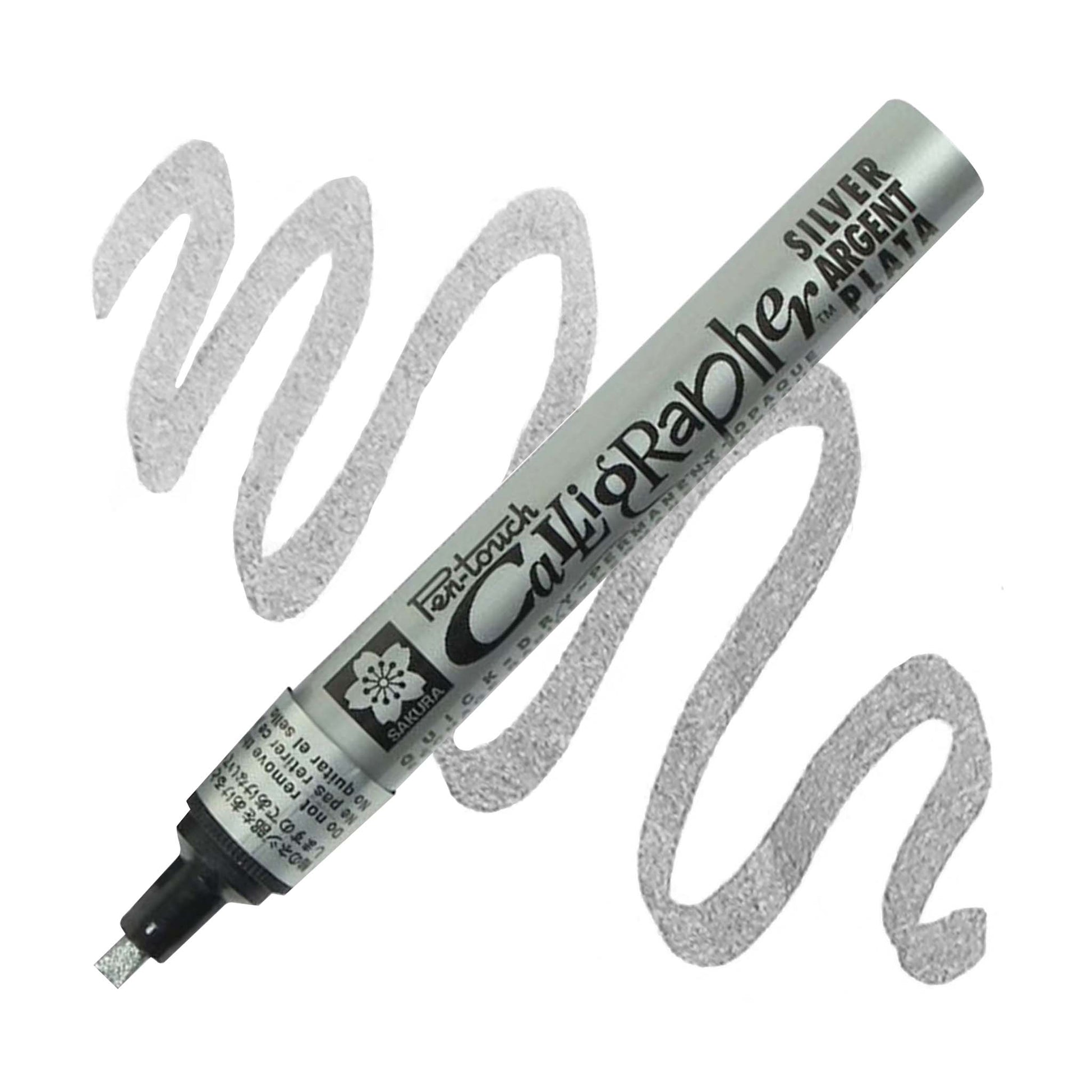Silver Calligrapher Pen-Touch marker with sample strokes.