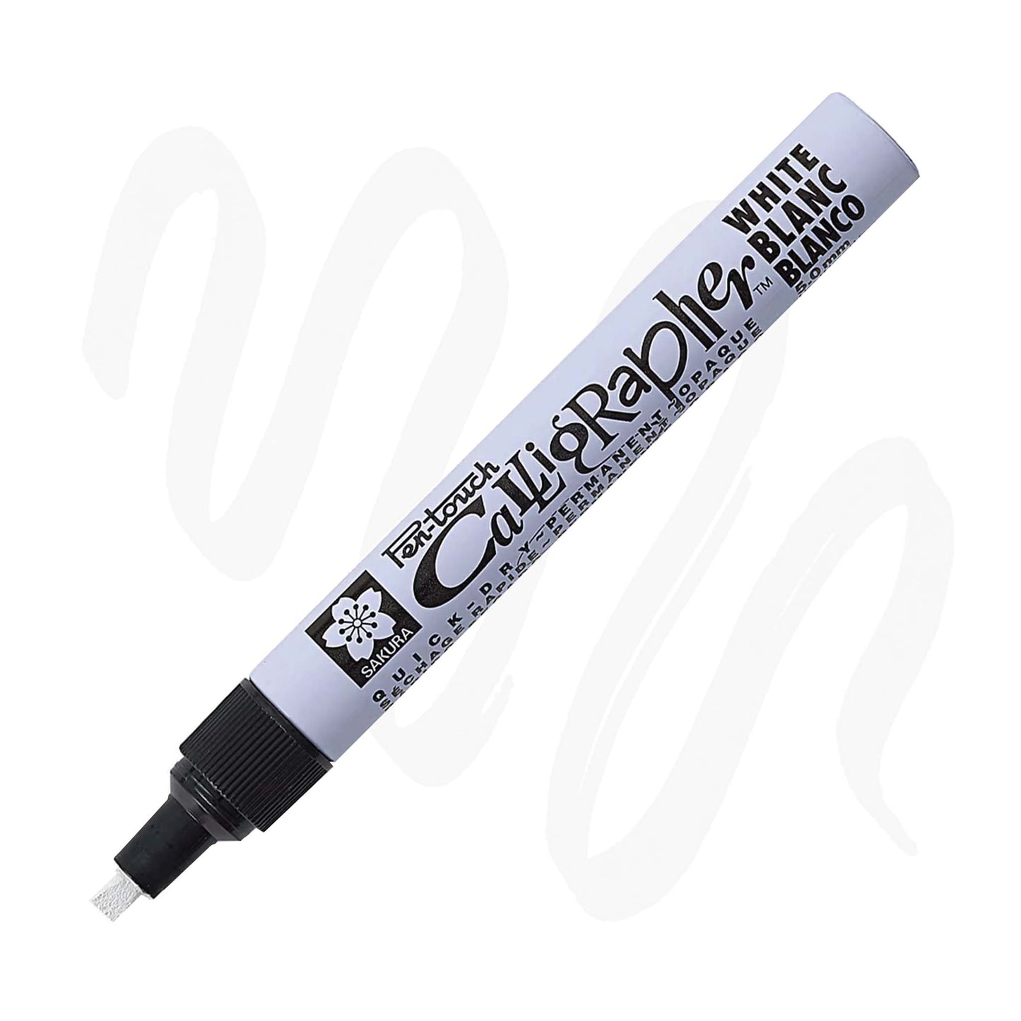 White Calligrapher Pen-Touch marker with sample strokes.