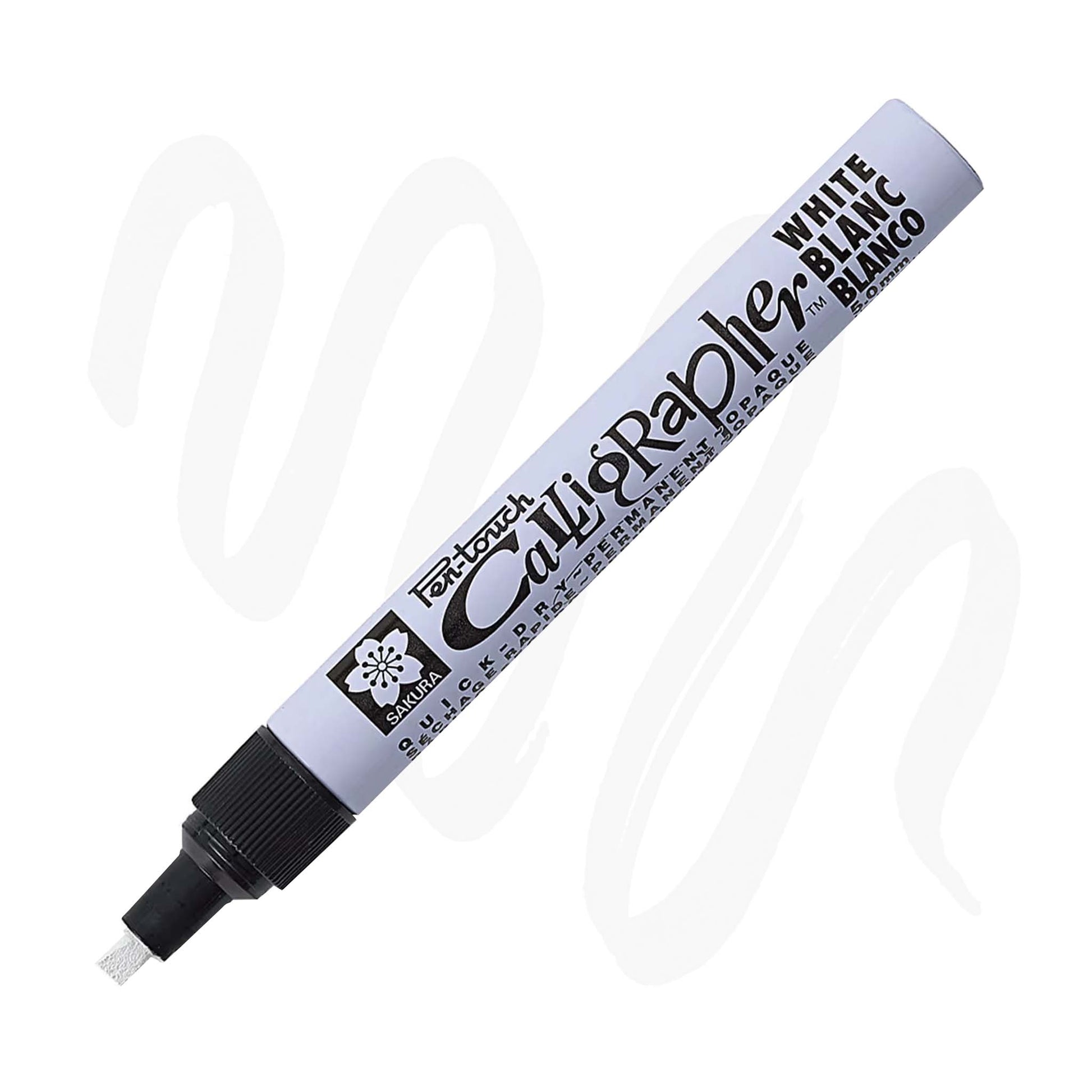 White Calligrapher Pen-Touch marker with sample strokes.