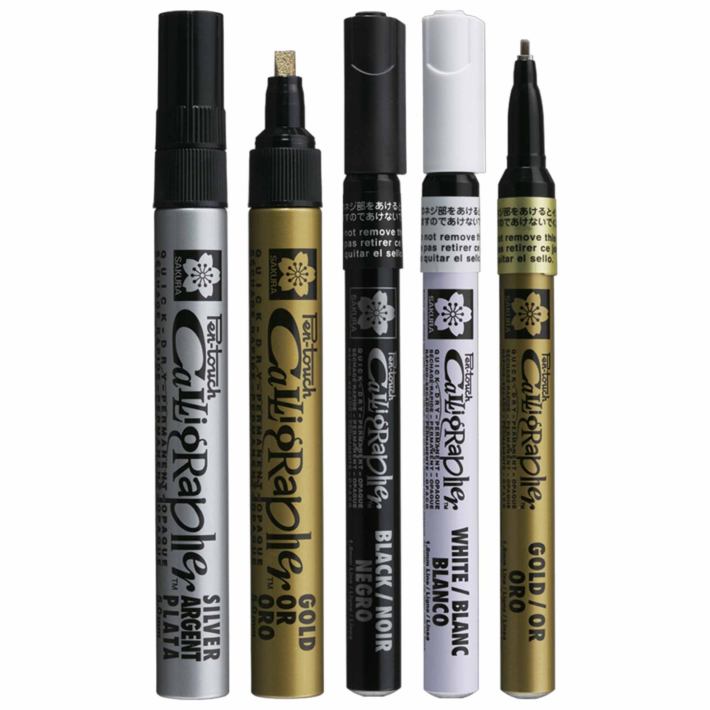 Five Calligrapher Pen-Touch markers in different colors on a white. background