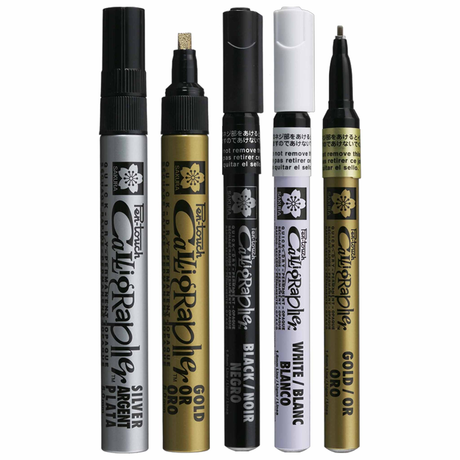 Five Calligrapher Pen-Touch markers in different colors on a white. background