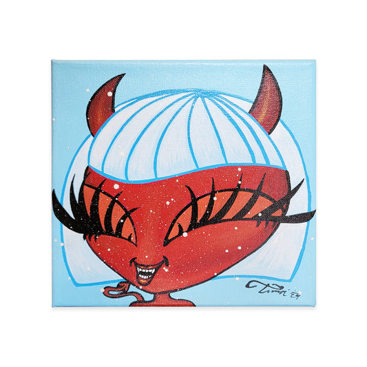 Blue painted canvas with red devil girl smiling signed Timoi