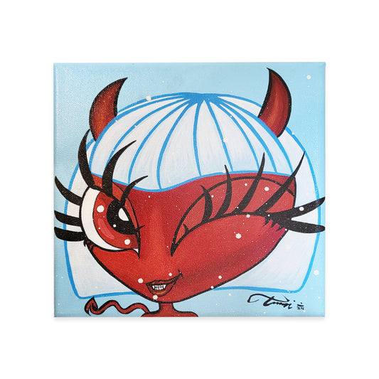 PAinted canvas of red devil girl winking signed by Timoi