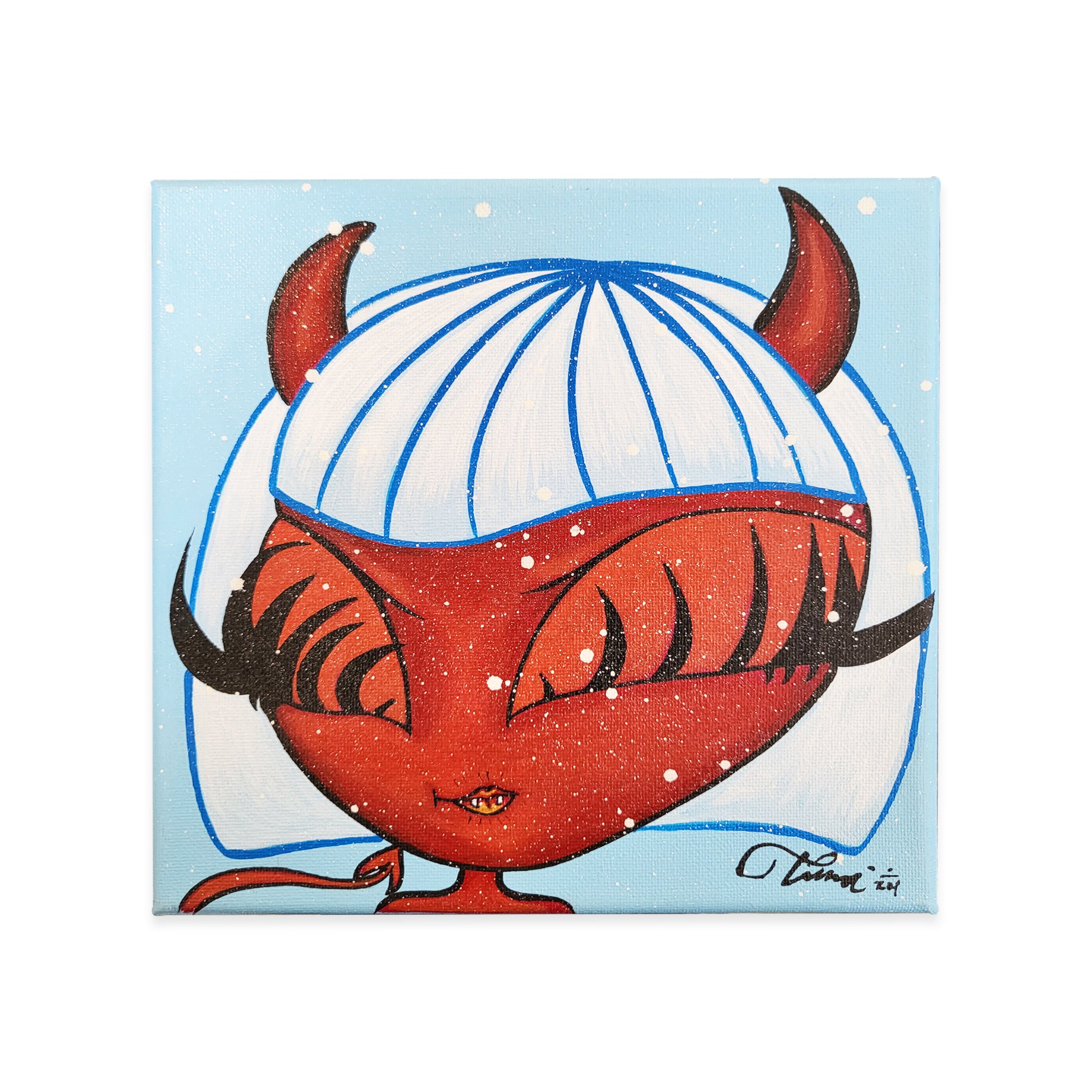 Blue canvas painting of red devil girl character signed by Timoi