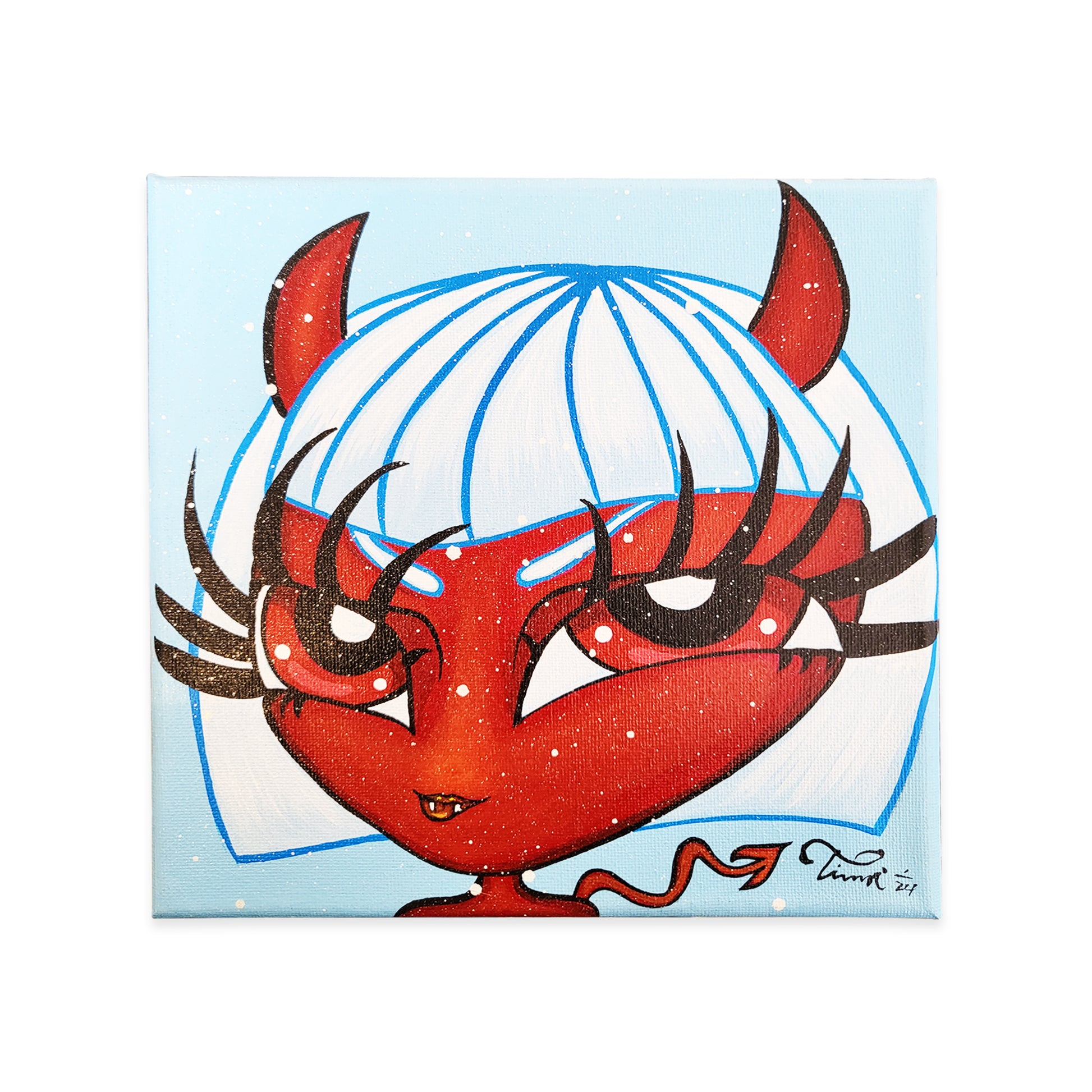 Smirking red devil girl painting signed by TImoi