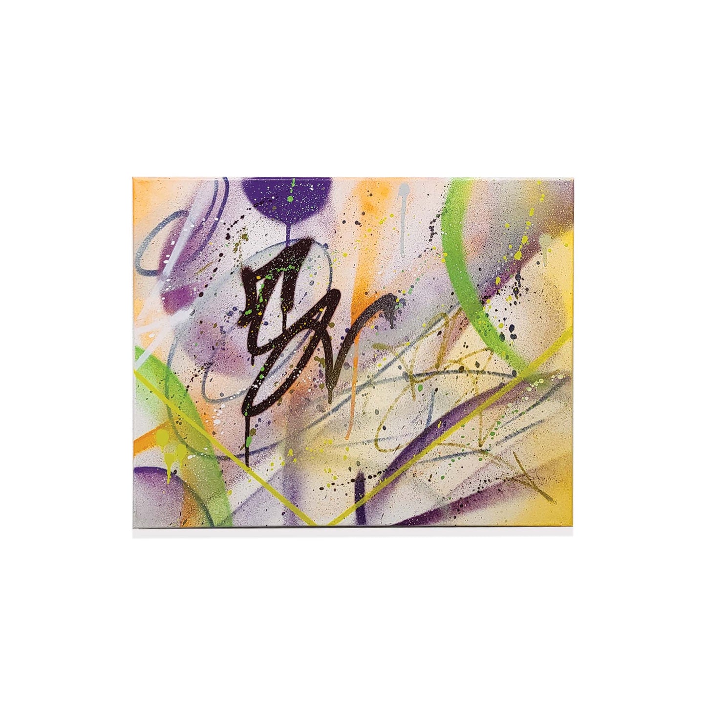 Abstract graffiti style artwork with colorful splashes and a prominent black signature on a white background.