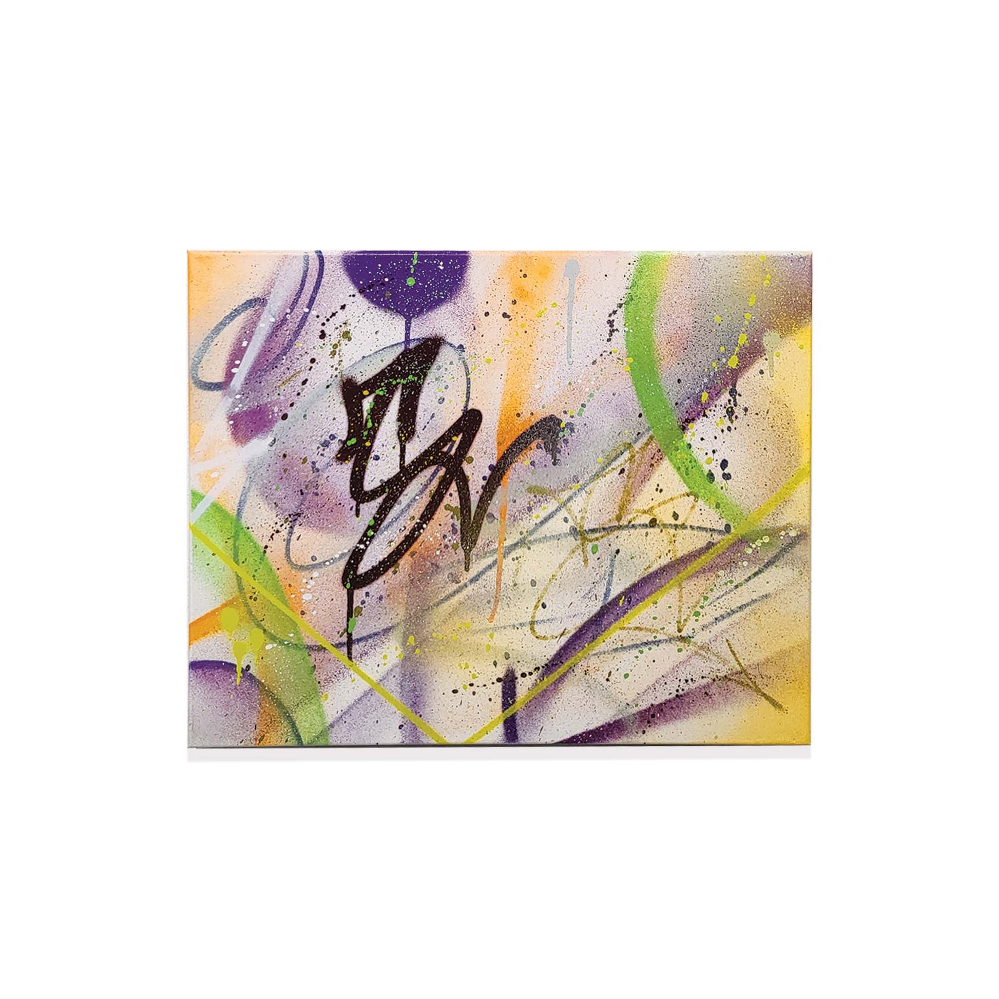 Abstract graffiti style artwork with colorful splashes and a prominent black signature on a white background.
