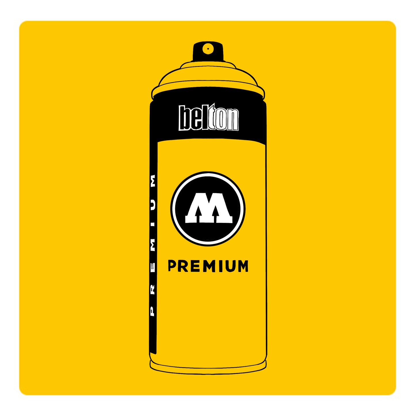 A black outline drawing of a saffron yellow spray paint can with the words "belton","premium" and the letter"M" written on the face in black and white font. The background is a color swatch of the same saffron yellow with a white border.