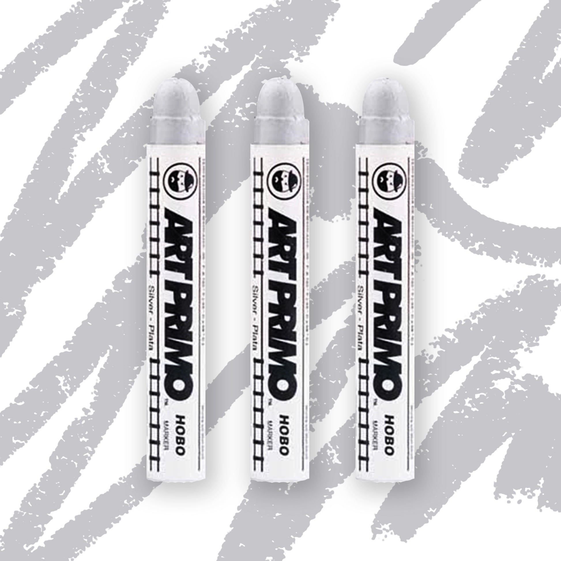 Three silver crayon type markers with a white label reading "Art Primo"