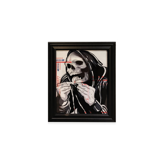 Black framed drawing of a hooded skeleton rolling a cigarette.