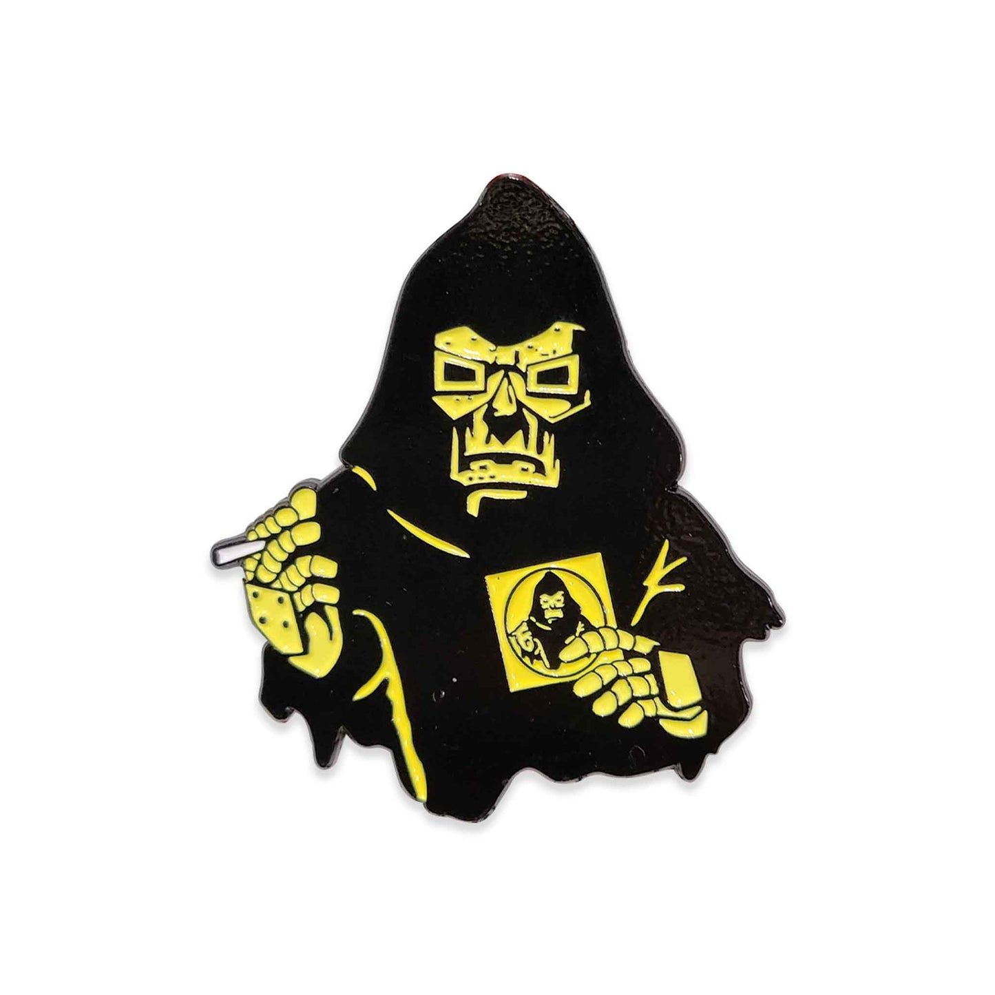 Black and yellow character with a hood, metal face and hands holding a CD
