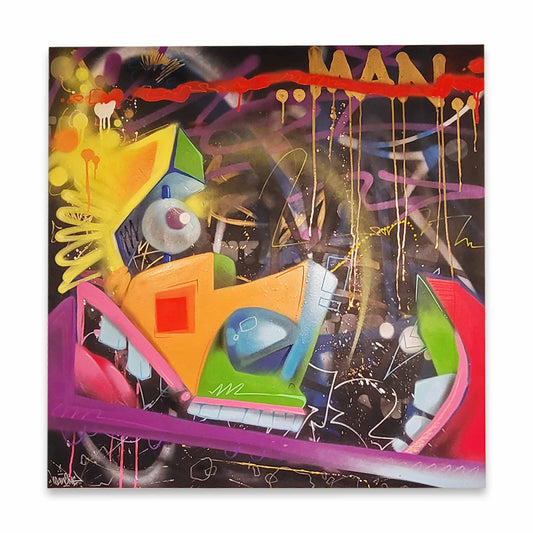 Abstract artwork with colorful shapes and patterns on a black background