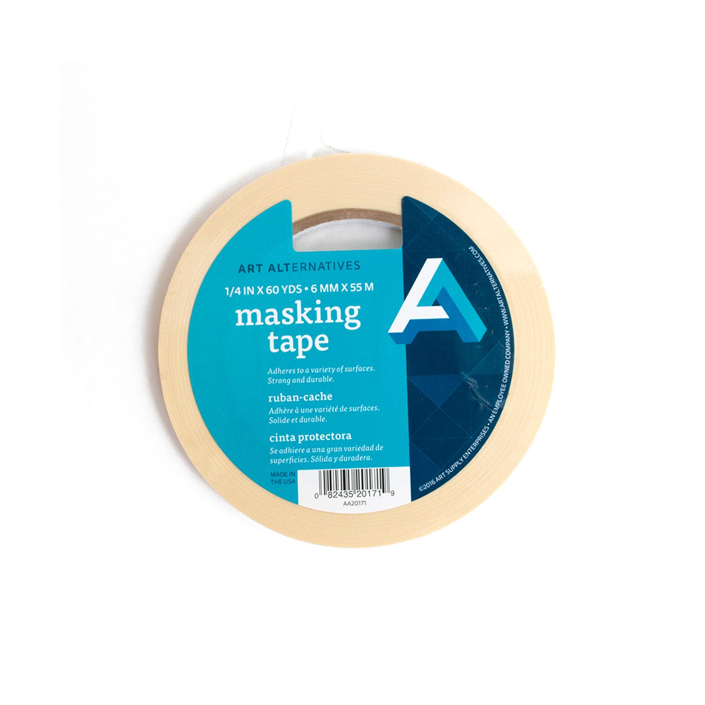 A roll of yellow tape with a blue label reading ' Art Alternatives - Masking Tape'