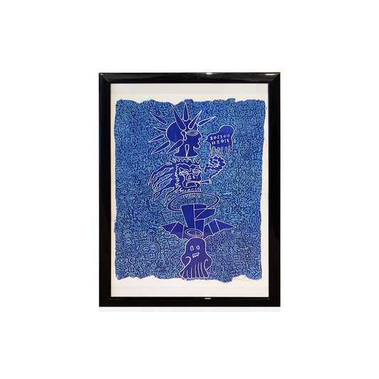 Framed artwork with blue abstract design on a white background, signed by Lennox Dread.