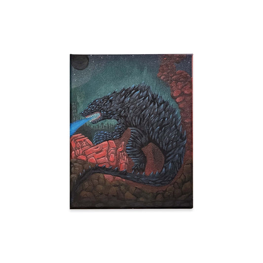 Painted canvas of Godzilla standing over a red robot buried in rubble on the outskirts of a city.