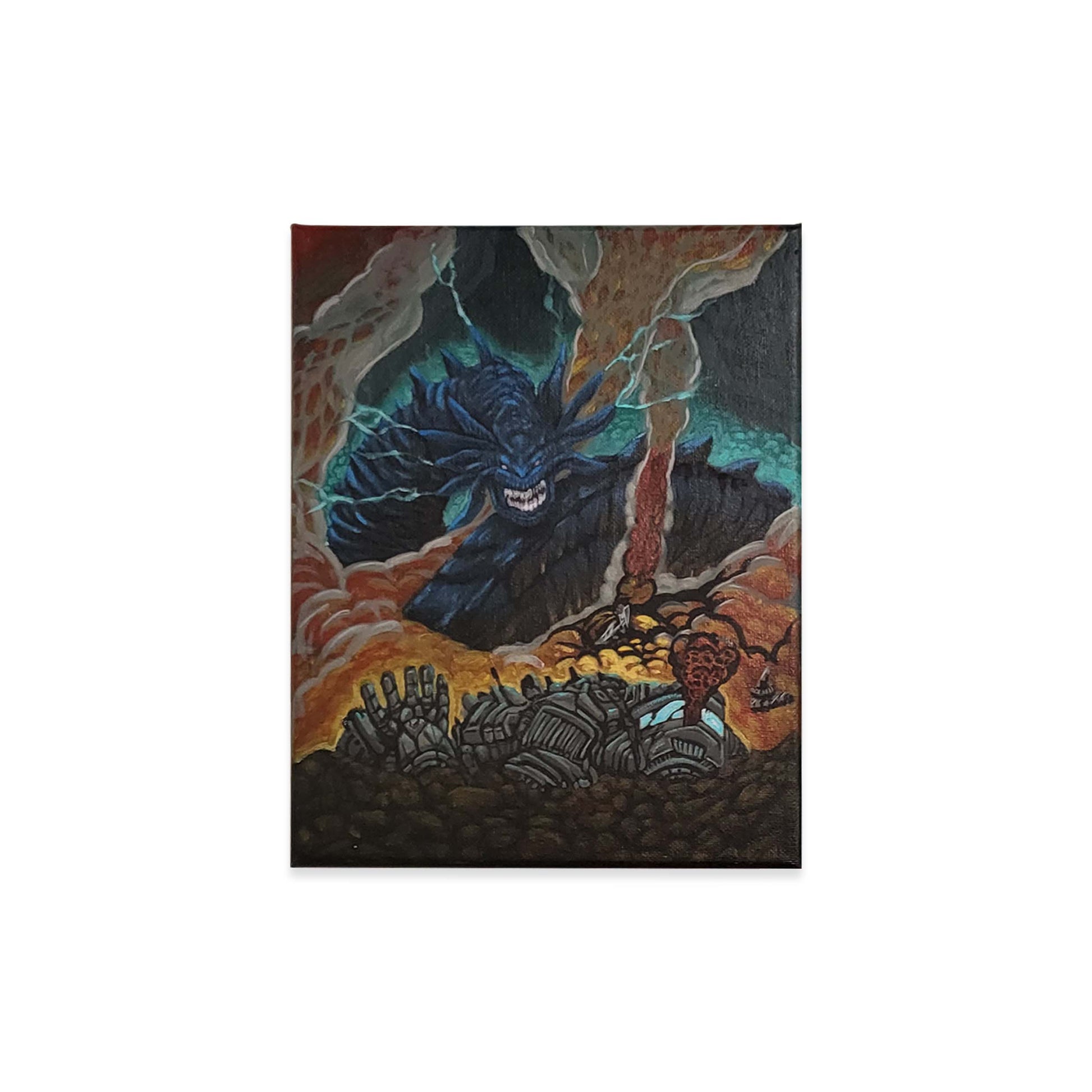 A square canvas painting featuring a dark fantasy illustration of a blue monster with glowing eyes and sharp teeth, emerging from swirling orange and black clouds over a rocky landscape.