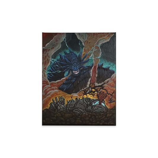 A square canvas painting featuring a dark fantasy illustration of a blue monster with glowing eyes and sharp teeth, emerging from swirling orange and black clouds over a rocky landscape.